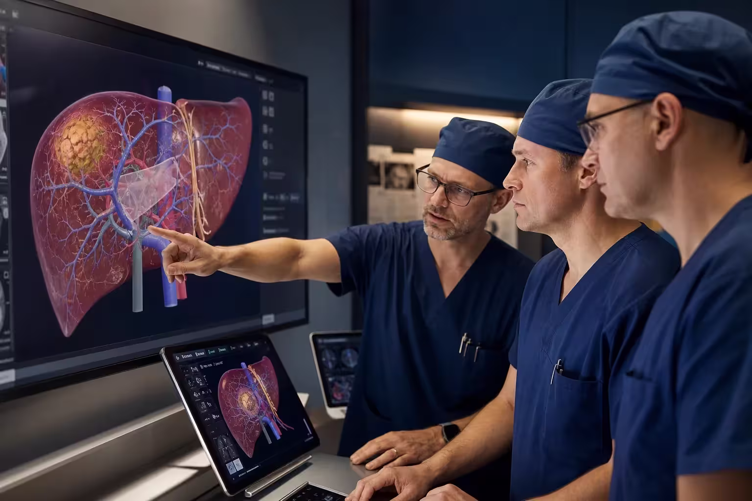 Equipe especializada planejando uma cirurgia hepática